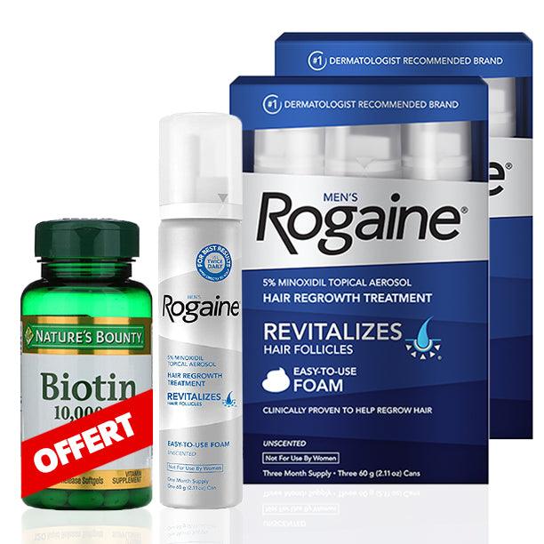 Rogaine Pack Promo | 6 mois de Minoxidil 5% Mousse + Biotine 10000mg - mondialpharma.com