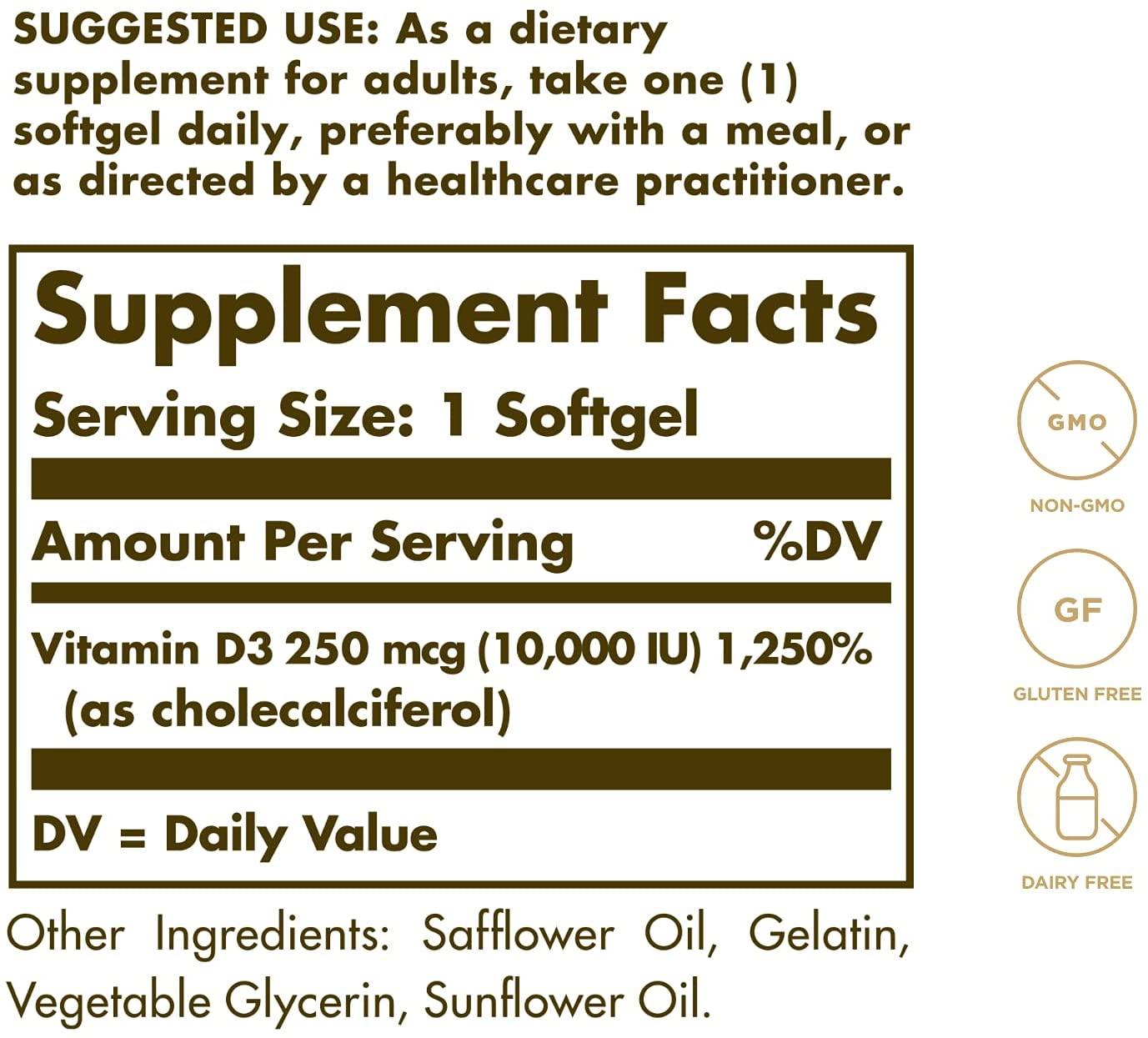 Solgar Vitamine D3 250 MCG (10,000 IU) 120 Capsules - mondialpharma.com