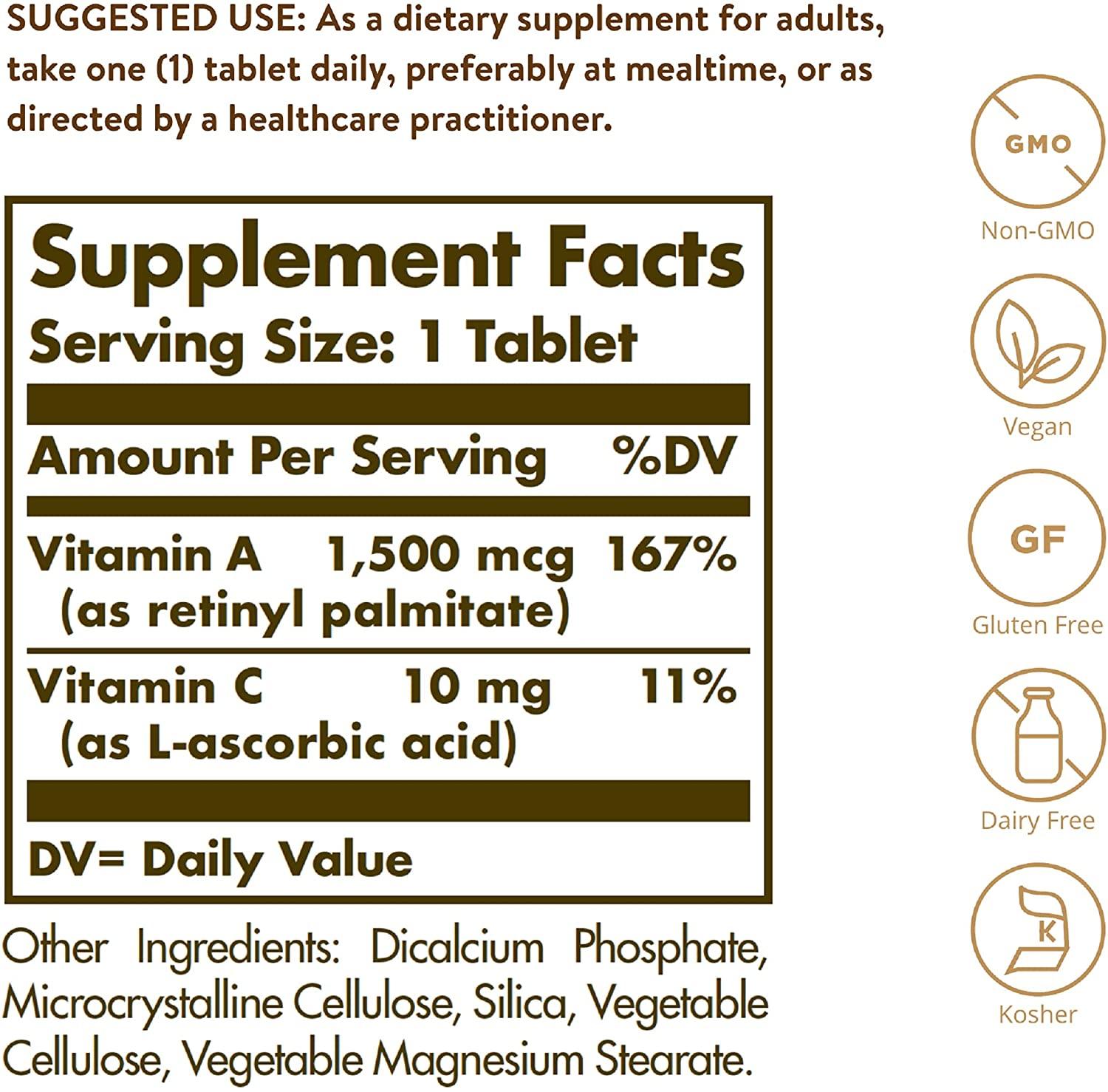 Solgar Vitamine A sèche 1500 mcg (5000 IU) - mondialpharma.com